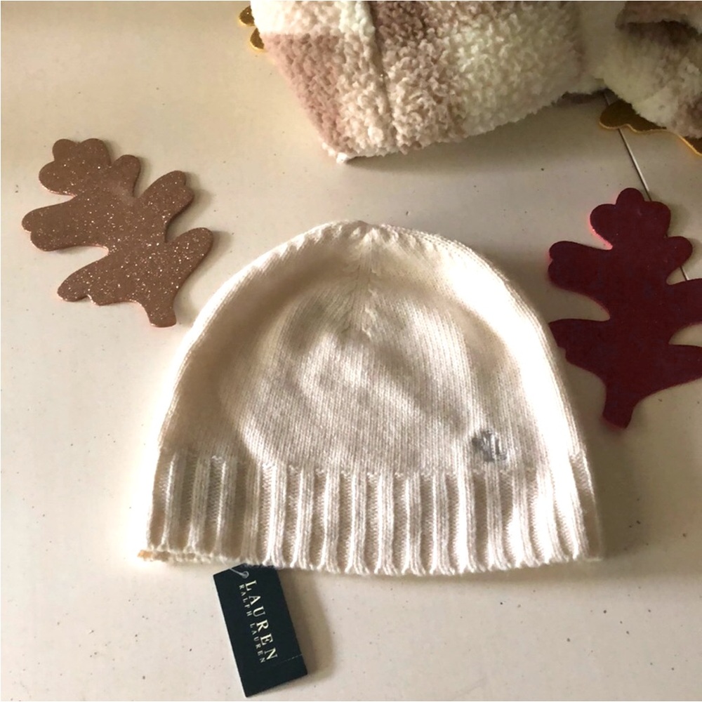 LAUREN Ralph Lauren Alpaca Wool Blend Knit Beanie Hat Cream Ivory metallic logo